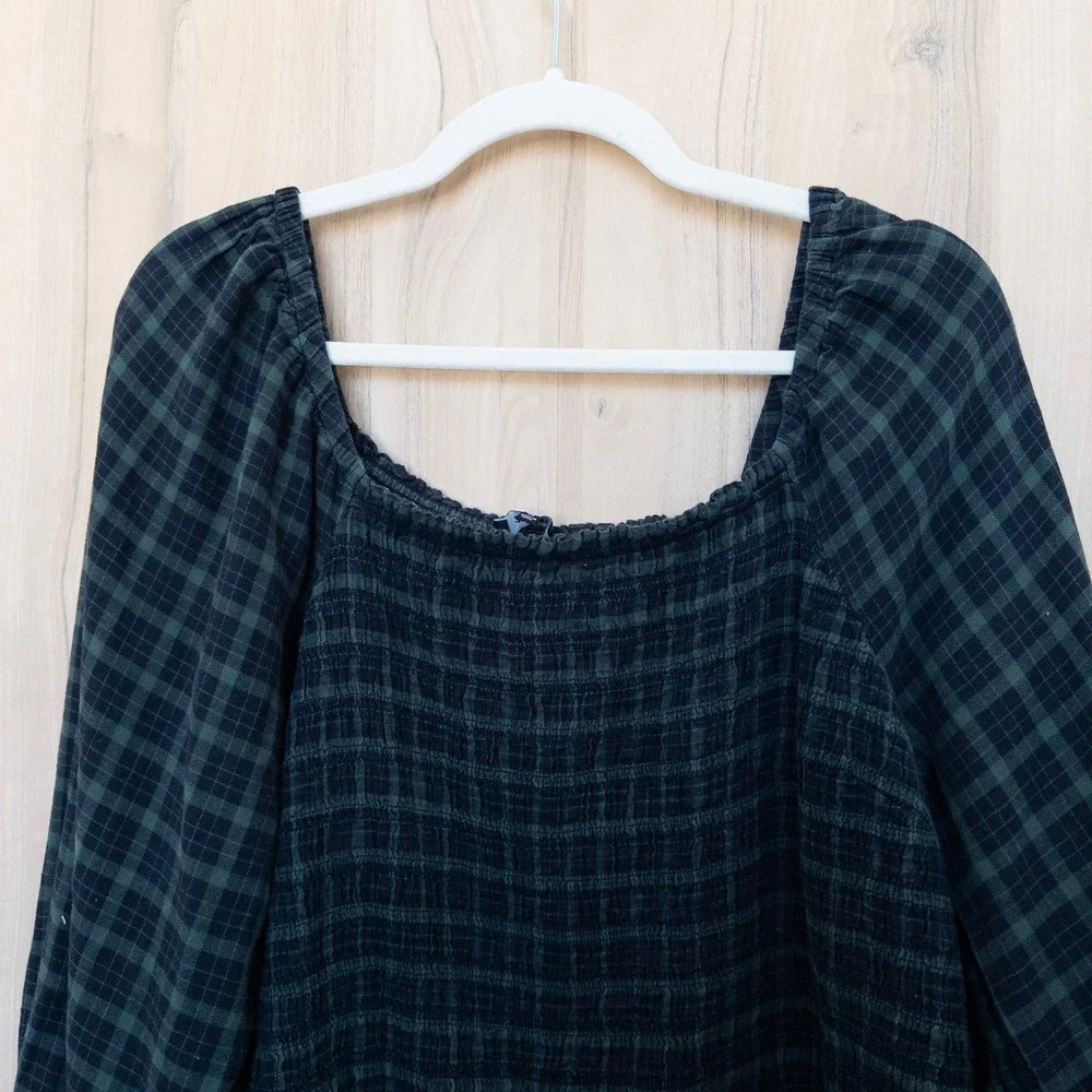 Madewell Plaid Long Sleeve‎ Top 1X Green Blue Smocked Academia Cottage Preppy
